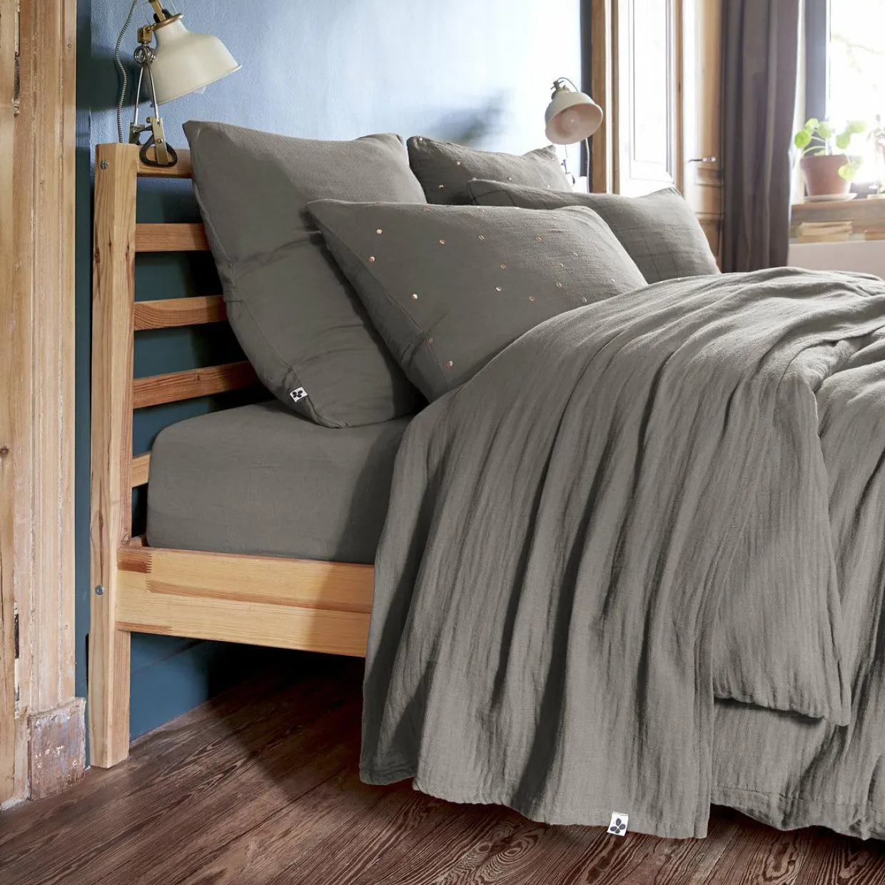 Drap plat gaze de coton (270 x 300 cm) Gaïa Gris granit