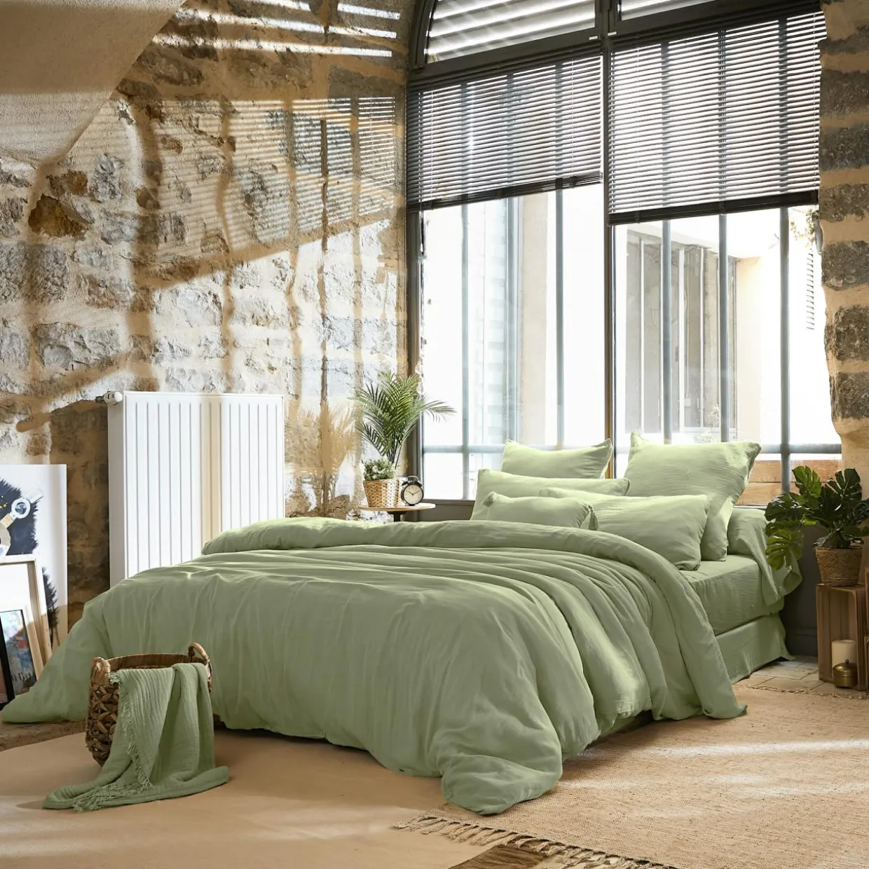Drap plat gaze de coton (240 x 300 cm) Gaïa Vert tilleul