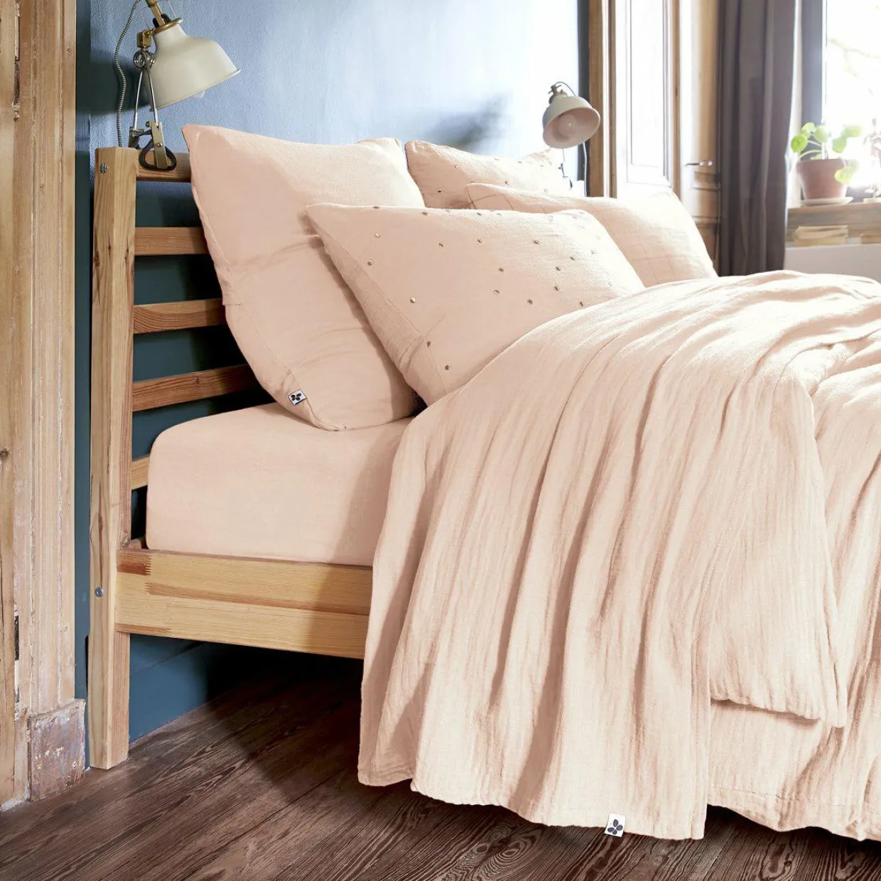 Drap plat gaze de coton (240 x 300 cm) Gaïa Rose poudré