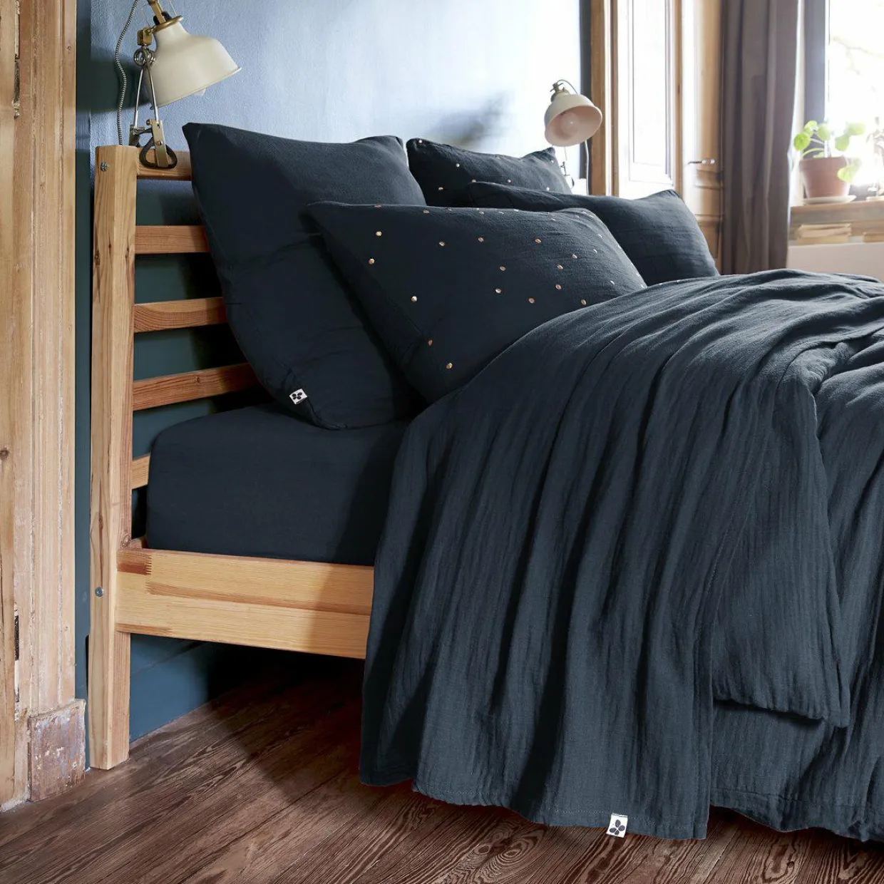 Drap plat gaze de coton (240 x 300 cm) Gaïa Bleu nuit