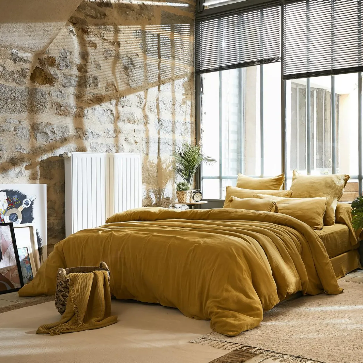 Drap plat gaze de coton (270 x 300 cm) Gaïa Jaune safran