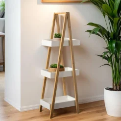 Etagère bois et bambou (H84 cm) Pyramide 3 niveaux Blanche