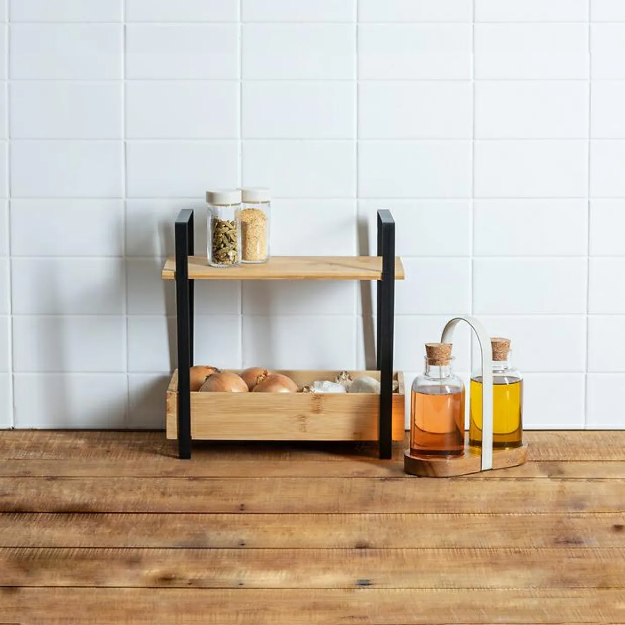 Etagère cuisine bois 2 niveaux bac (H30 cm) Ordera Noir