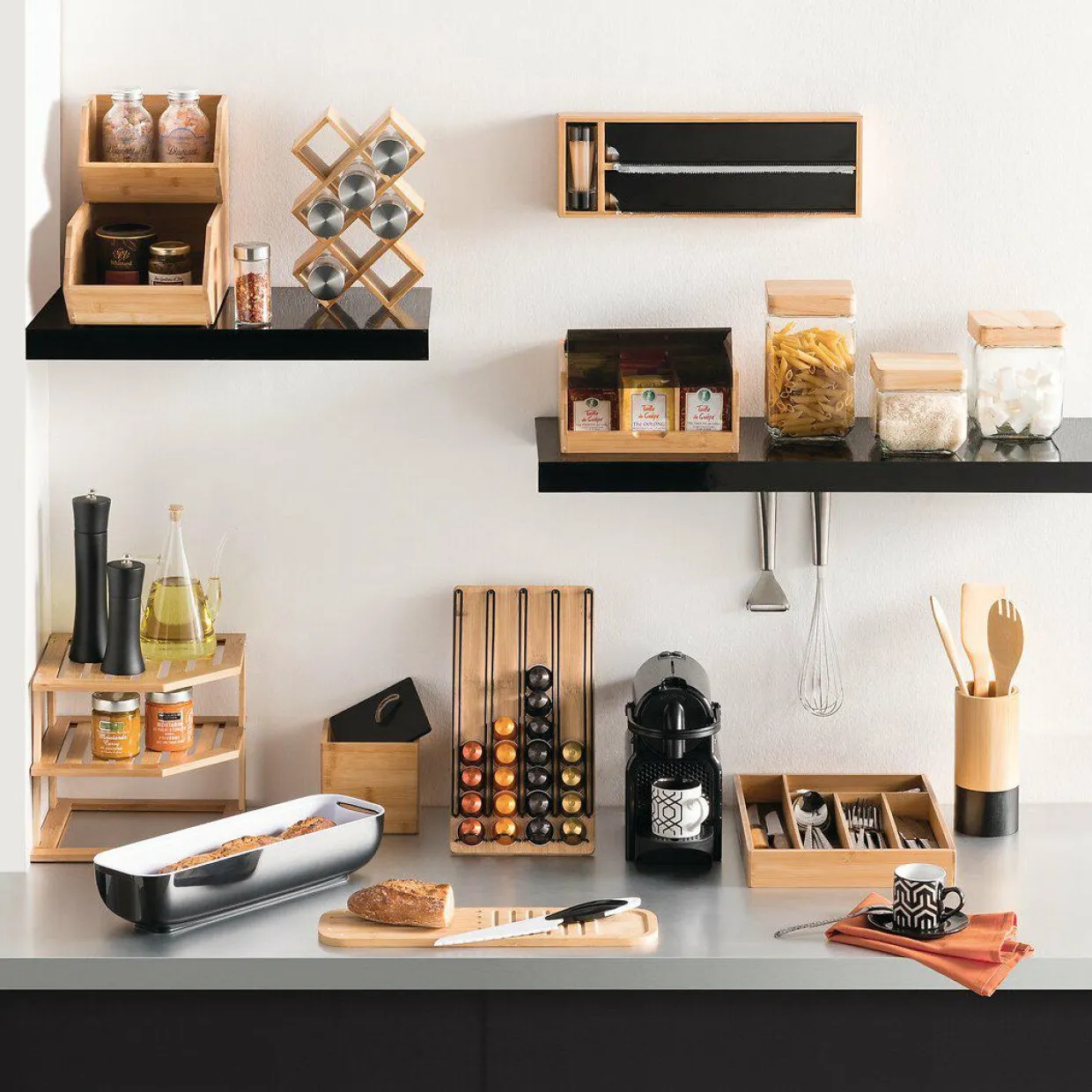 Etagère dérouleurs et compartiment (39 x 13 cm) Bambou Noir