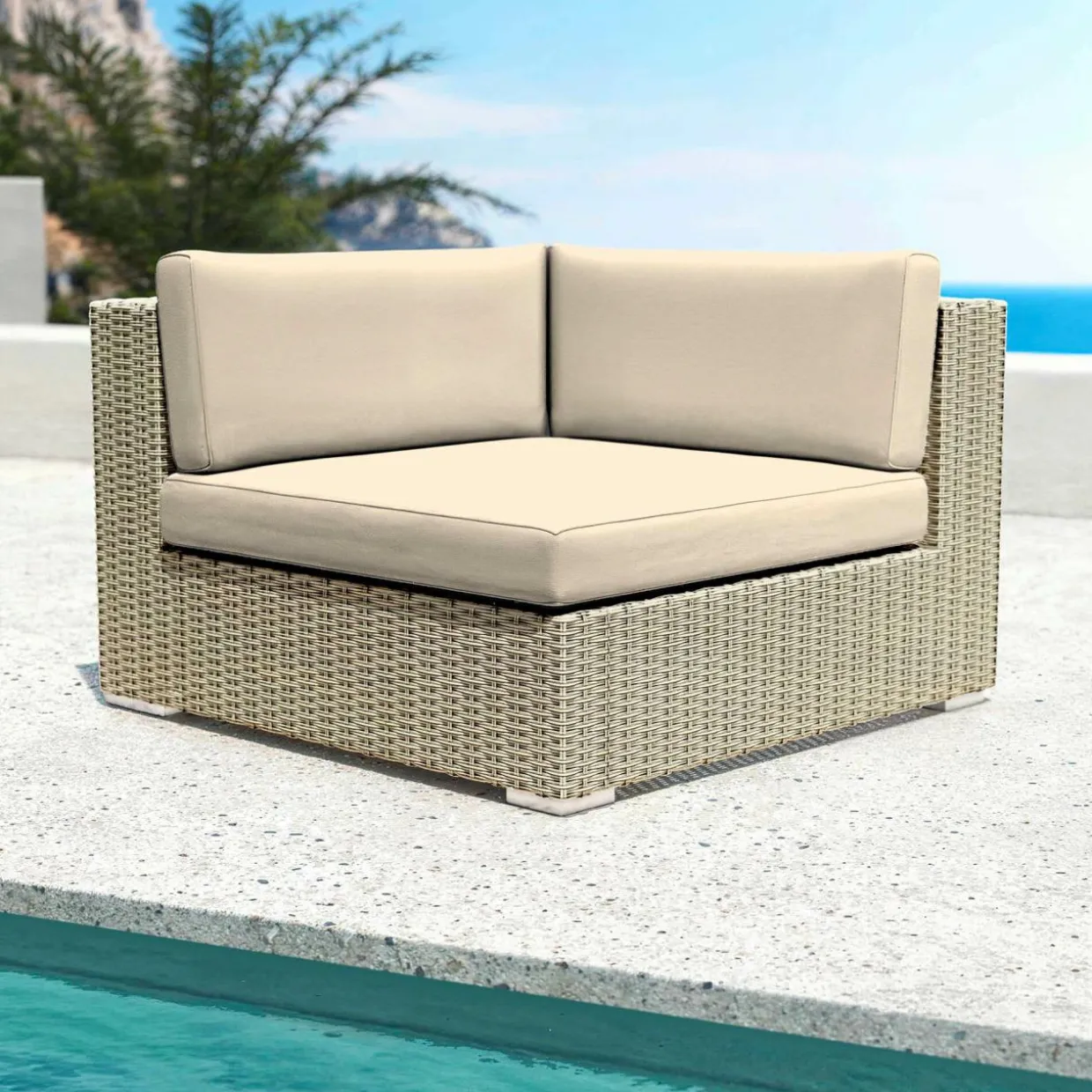 Fauteuil d'angle de jardin en résine tressée Palma Gris et beige