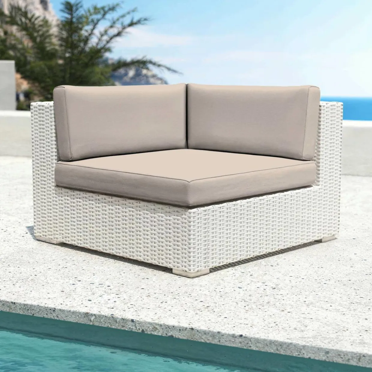 Fauteuil d'angle de jardin en résine tressée Palma Blanc et taupe