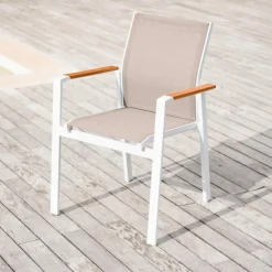 Fauteuil de jardin aluminium et bois teck empilable Bali Blanc