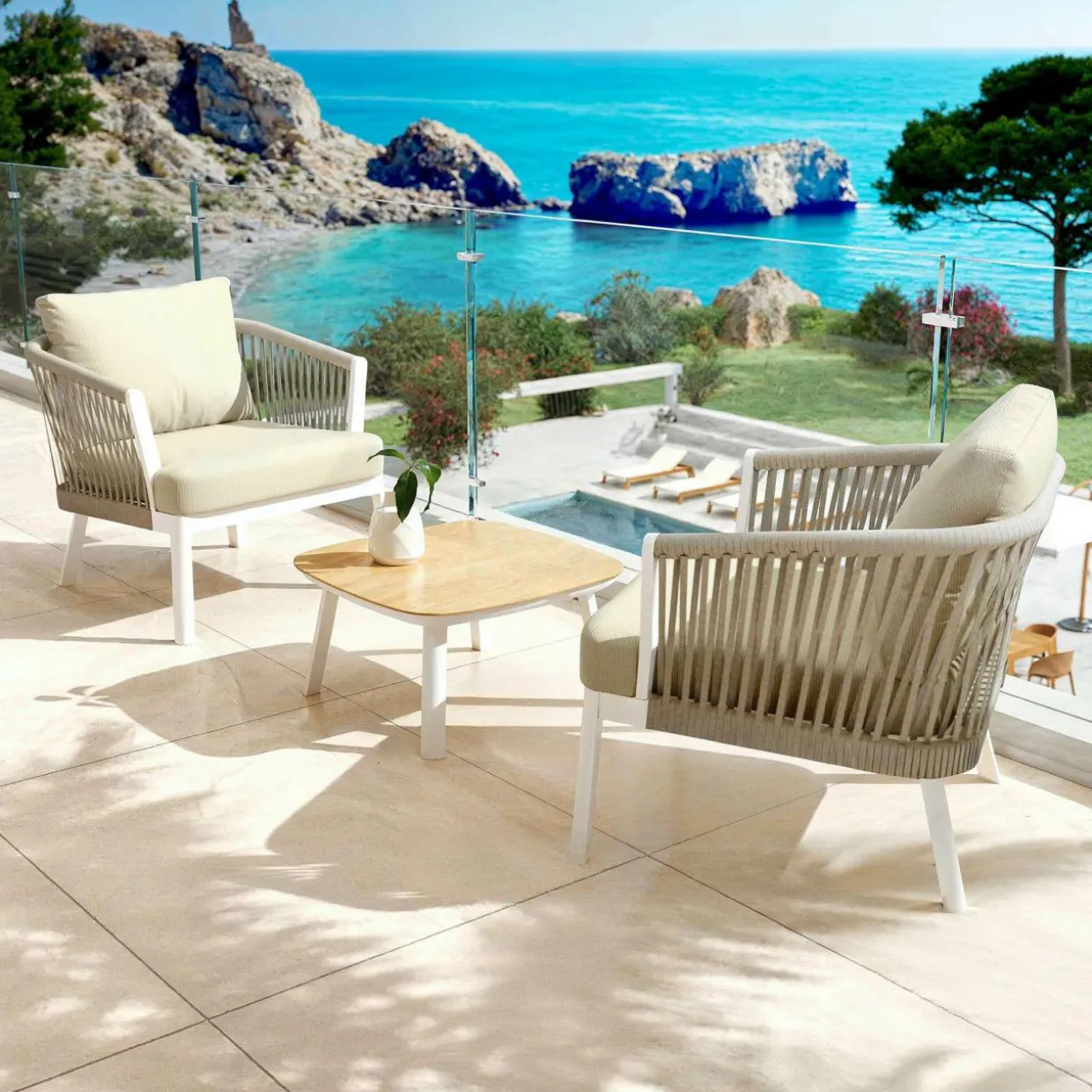 Fauteuil de jardin détente en aluminium Amalfi Blanc et beige