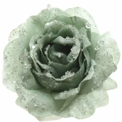 Fleur décorative sur pince pailletée (D14 cm) Vert sauge