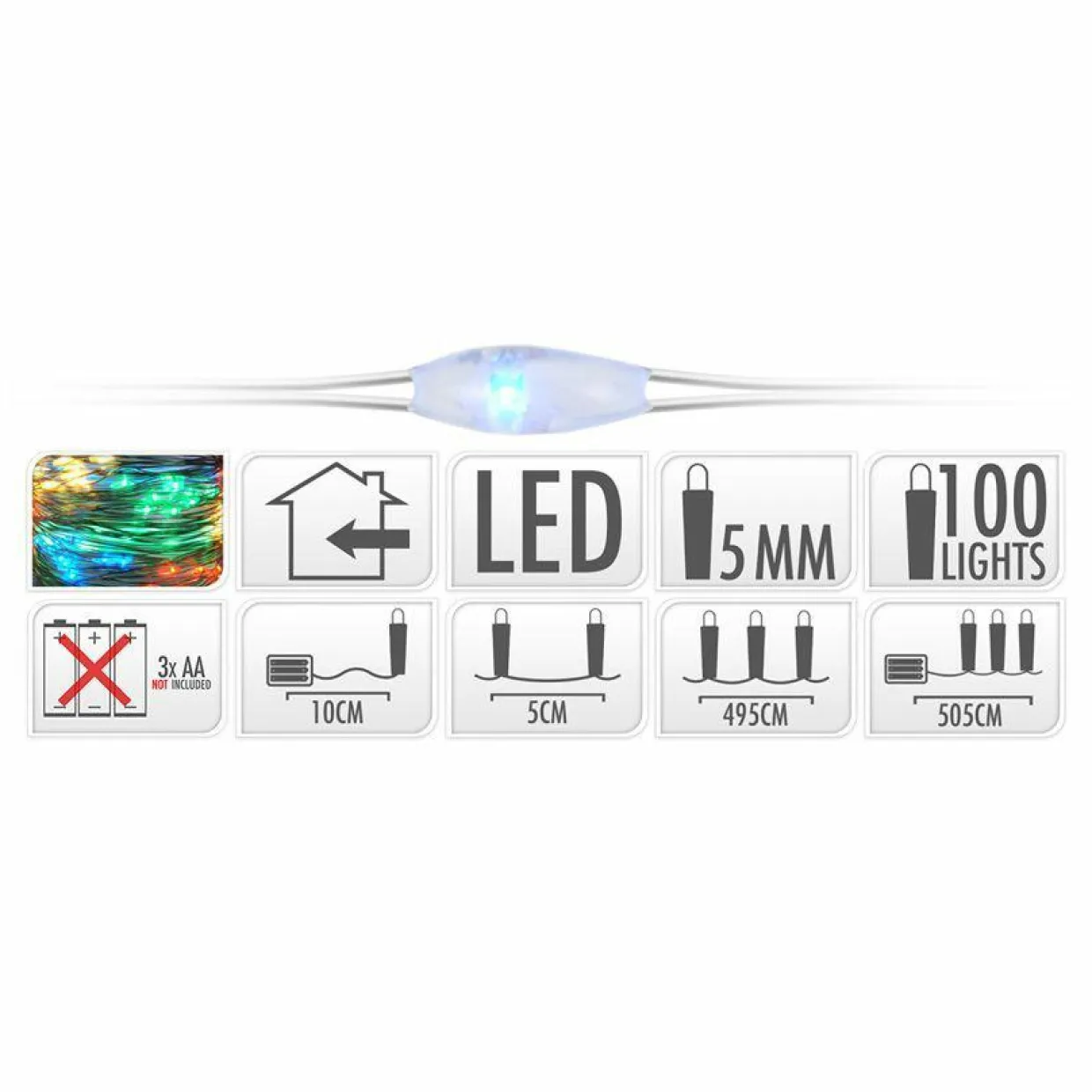 Guirlande lumineuse à piles 5 m 100 Micro LED Fil d'argent Multicolore