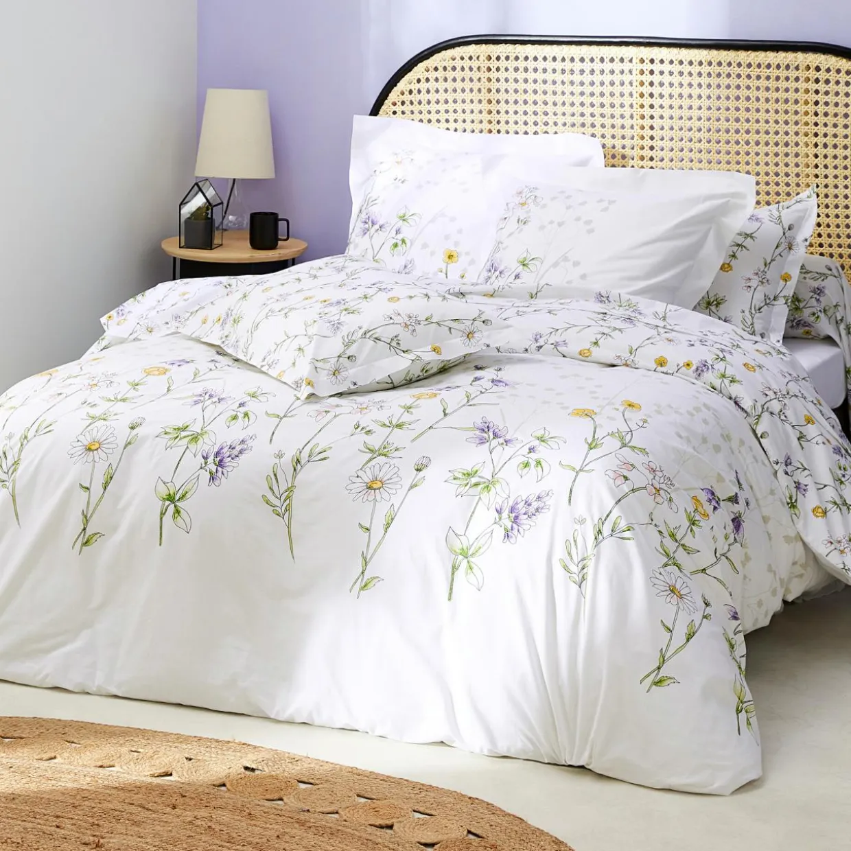 Housse de couette coton (260 x 240 cm) Foliflora Blanche