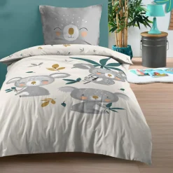 Housse de couette enfant et une taie d'oreiller coton (140 x 200 cm) Koalinou Gris