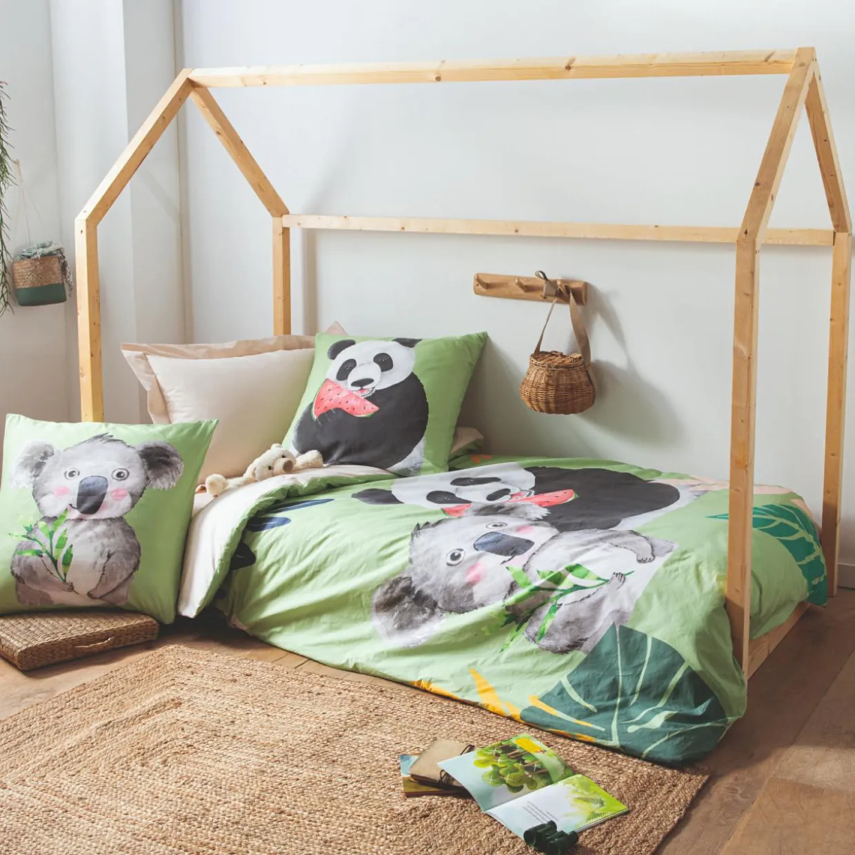 Housse de couette enfant percale de coton (140 x 200 cm) Panda Verte