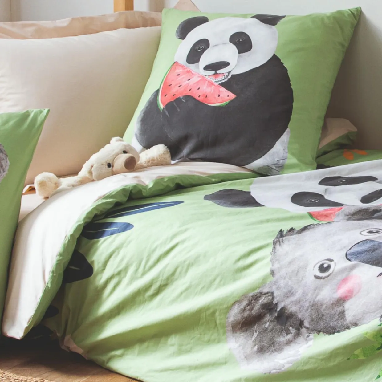 Housse de couette enfant percale de coton (140 x 200 cm) Panda Verte