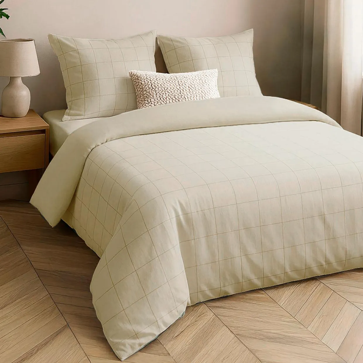 Housse de couette et deux taies d'oreiller coton lavé (240 x 220 cm) Linella Ivoire