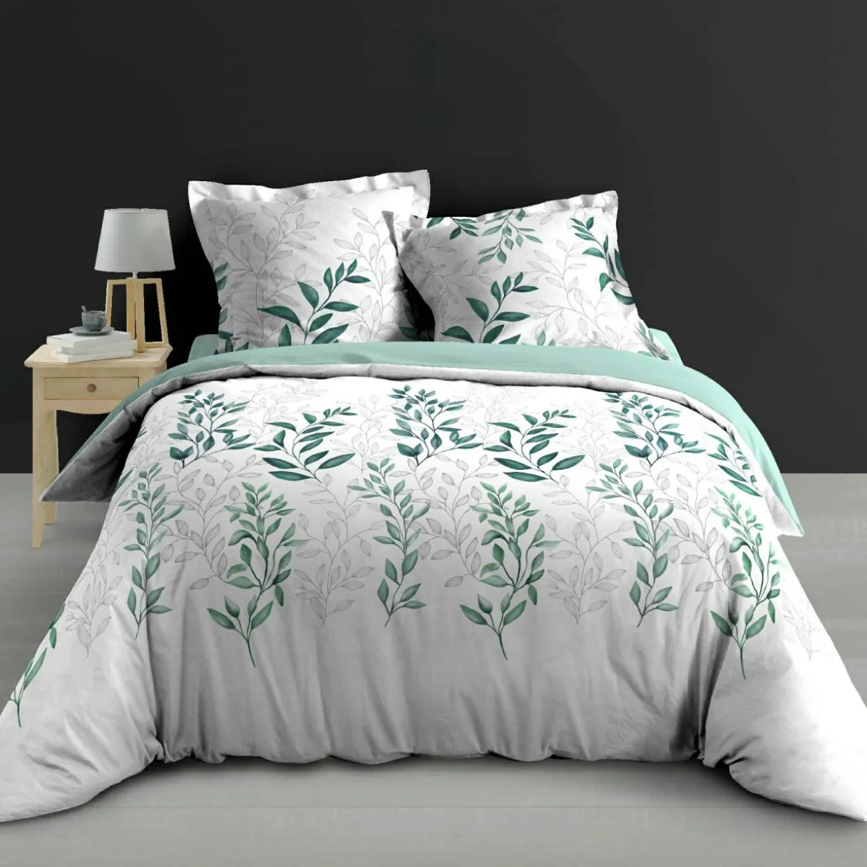 Housse de couette et deux taies d'oreiller percale de coton (240 x 220 cm) Wendy Verte