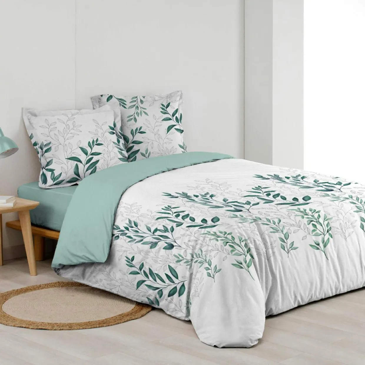 Housse de couette et deux taies d'oreiller percale de coton (240 x 220 cm) Wendy Verte