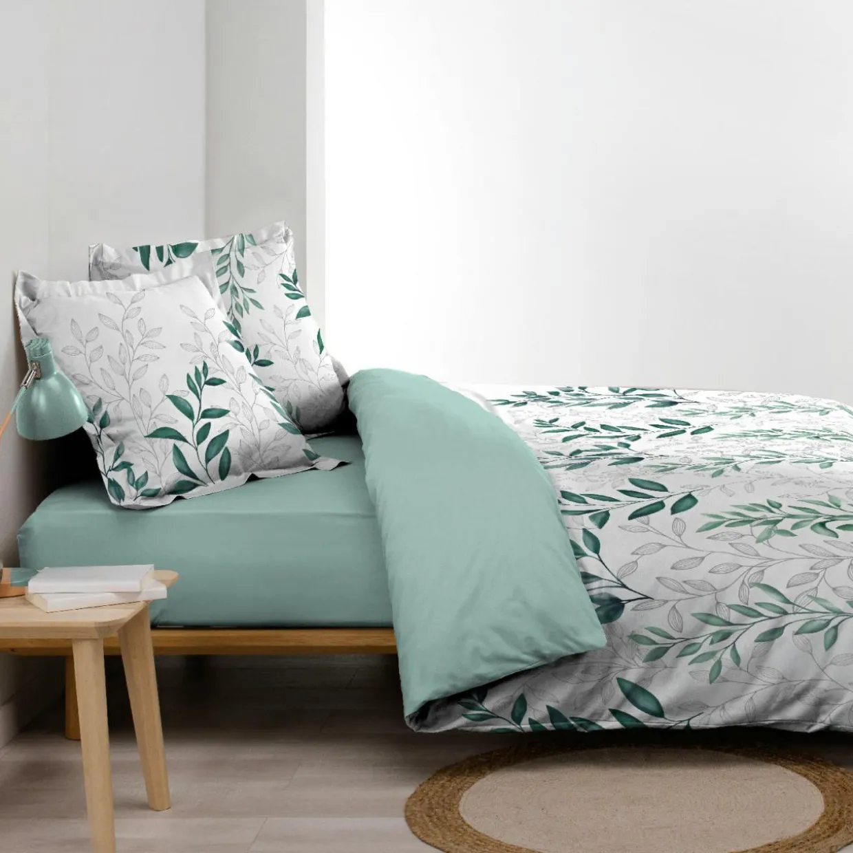 Housse de couette et deux taies d'oreiller percale de coton (240 x 220 cm) Wendy Verte