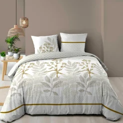 Housse de couette et deux taies d'oreiller en coton (240 x 220 cm) Raoni beige