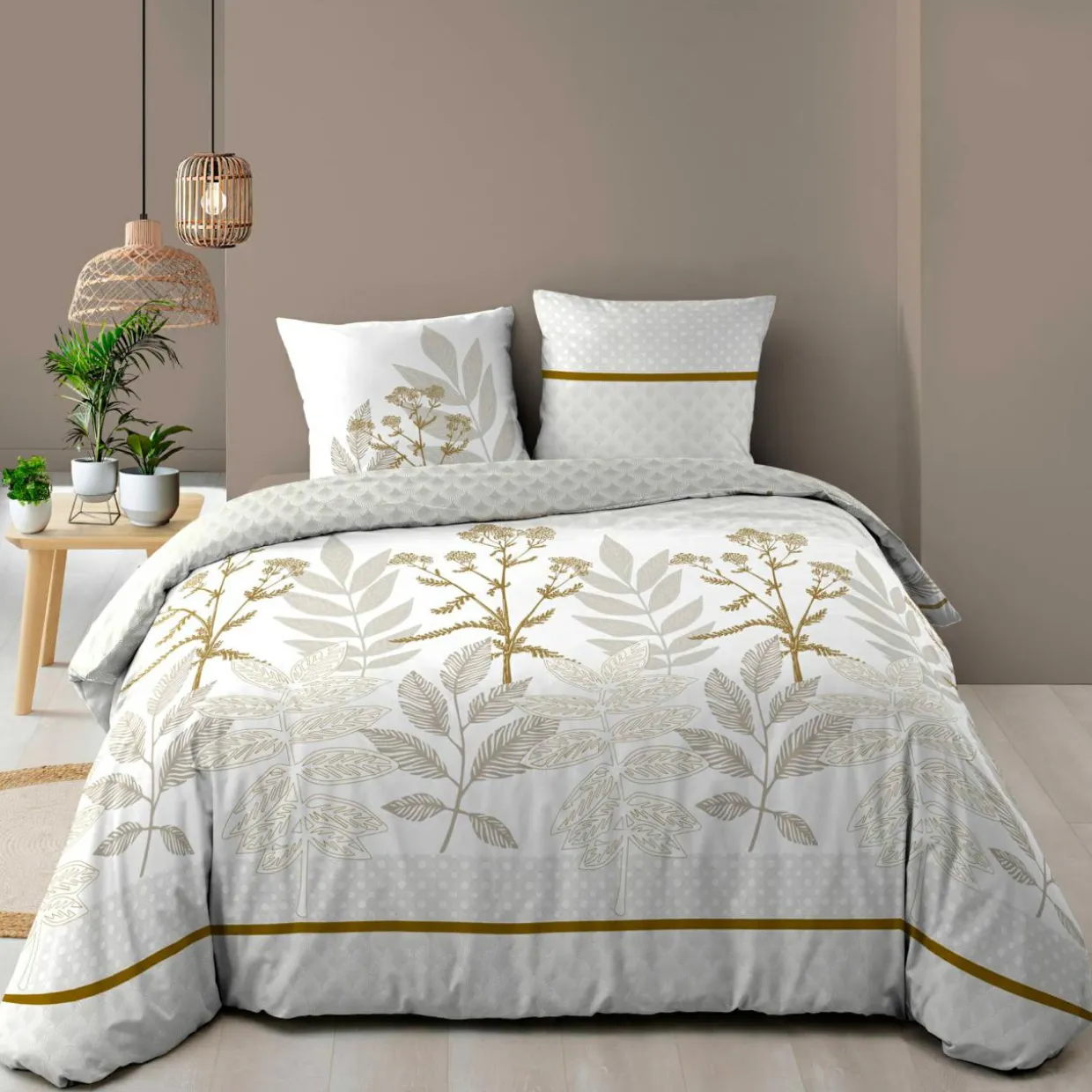 Housse de couette et deux taies d'oreiller en coton (240 x 220 cm) Raoni beige