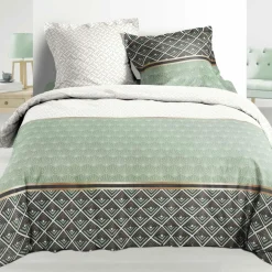 Housse de couette et deux taies percale de coton (240 x 220 cm) Belor Verte