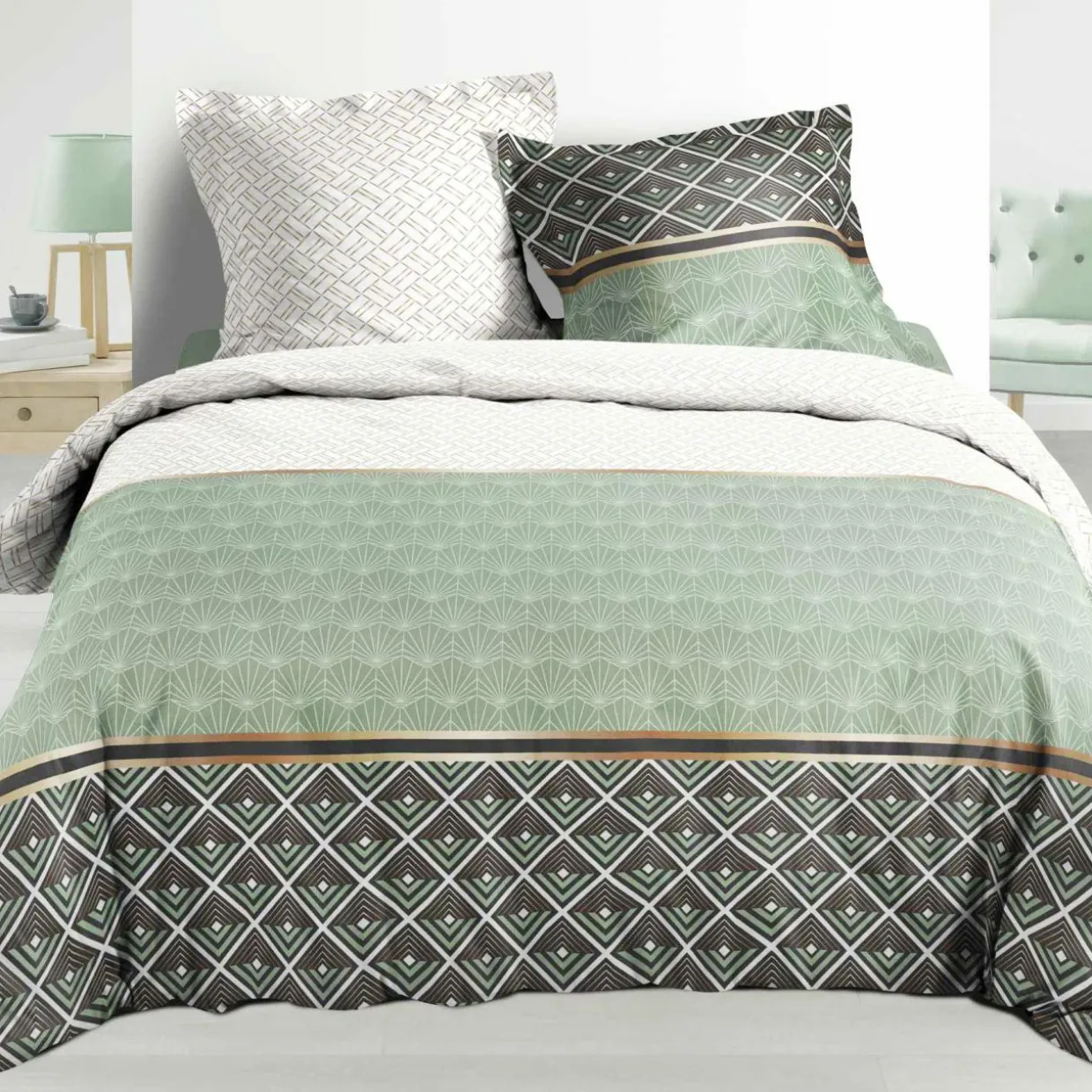Housse de couette et deux taies percale de coton (240 x 220 cm) Belor Verte