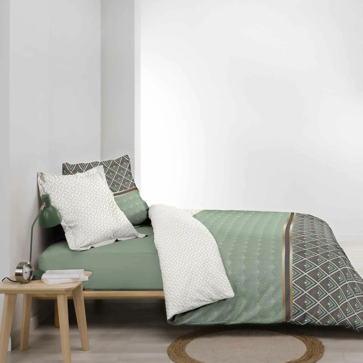 Housse de couette et deux taies percale de coton (240 x 220 cm) Belor Verte