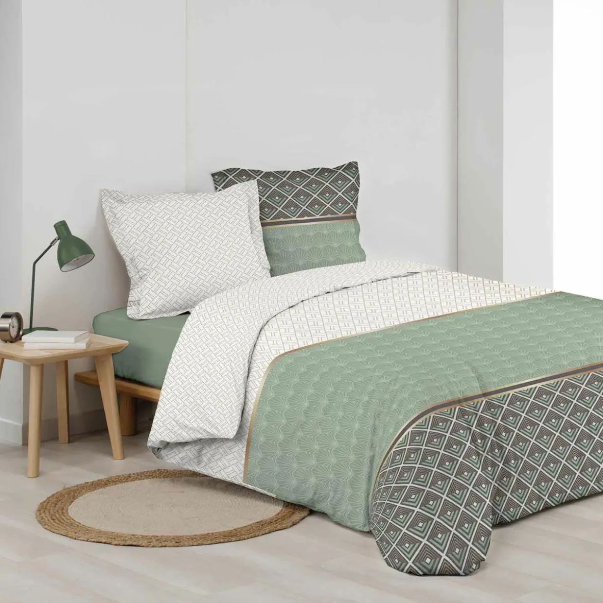 Housse de couette et deux taies percale de coton (240 x 220 cm) Belor Verte