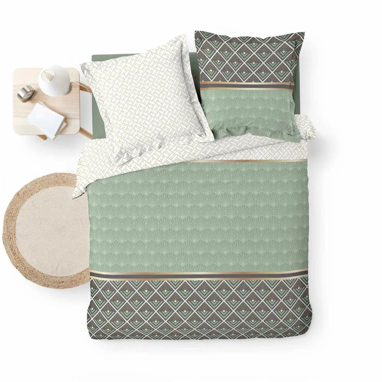 Housse de couette et deux taies percale de coton (240 x 220 cm) Belor Verte