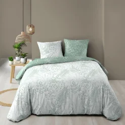 Housse de couette et deux taies coton (260 x 240 cm) Cassia Vert sauge