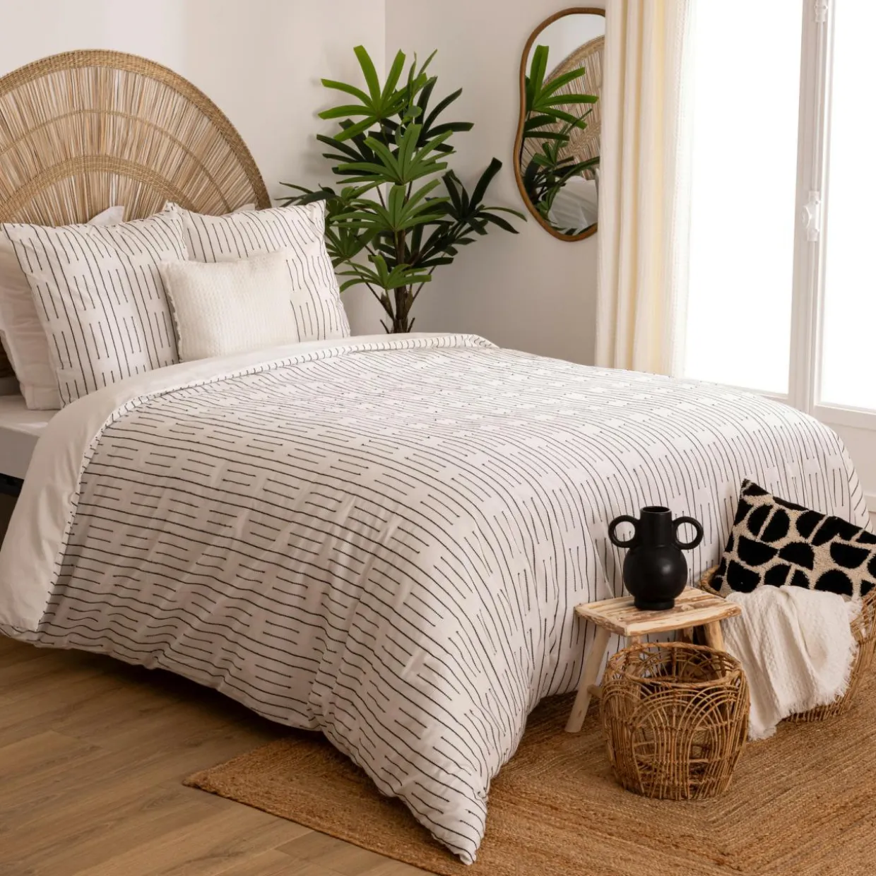 Housse de couette et deux taies coton (240 x 220 cm) Dobby Noire