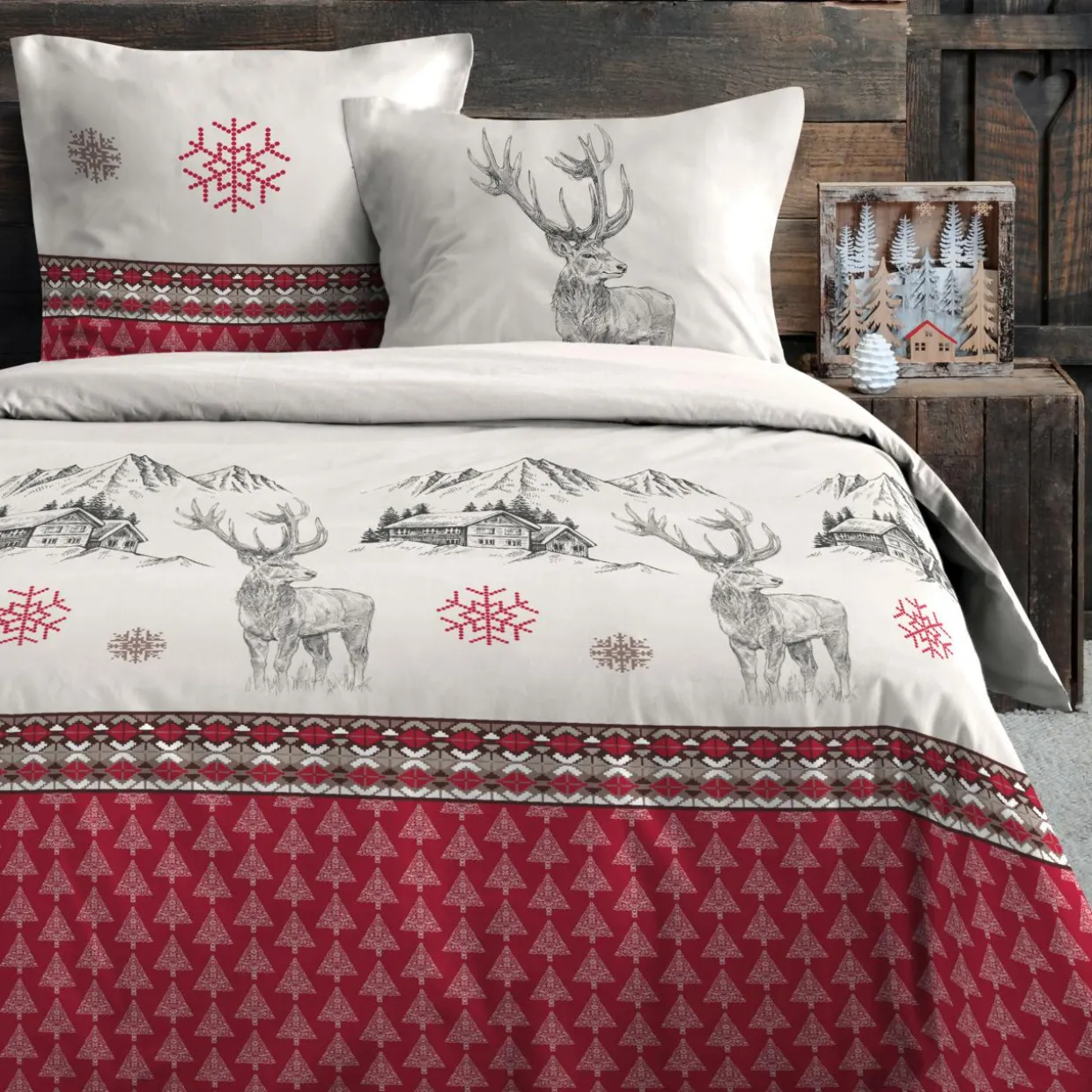 Housse de couette et deux taies d'oreiller en coton (260 x 240 cm) Bauges Rouge