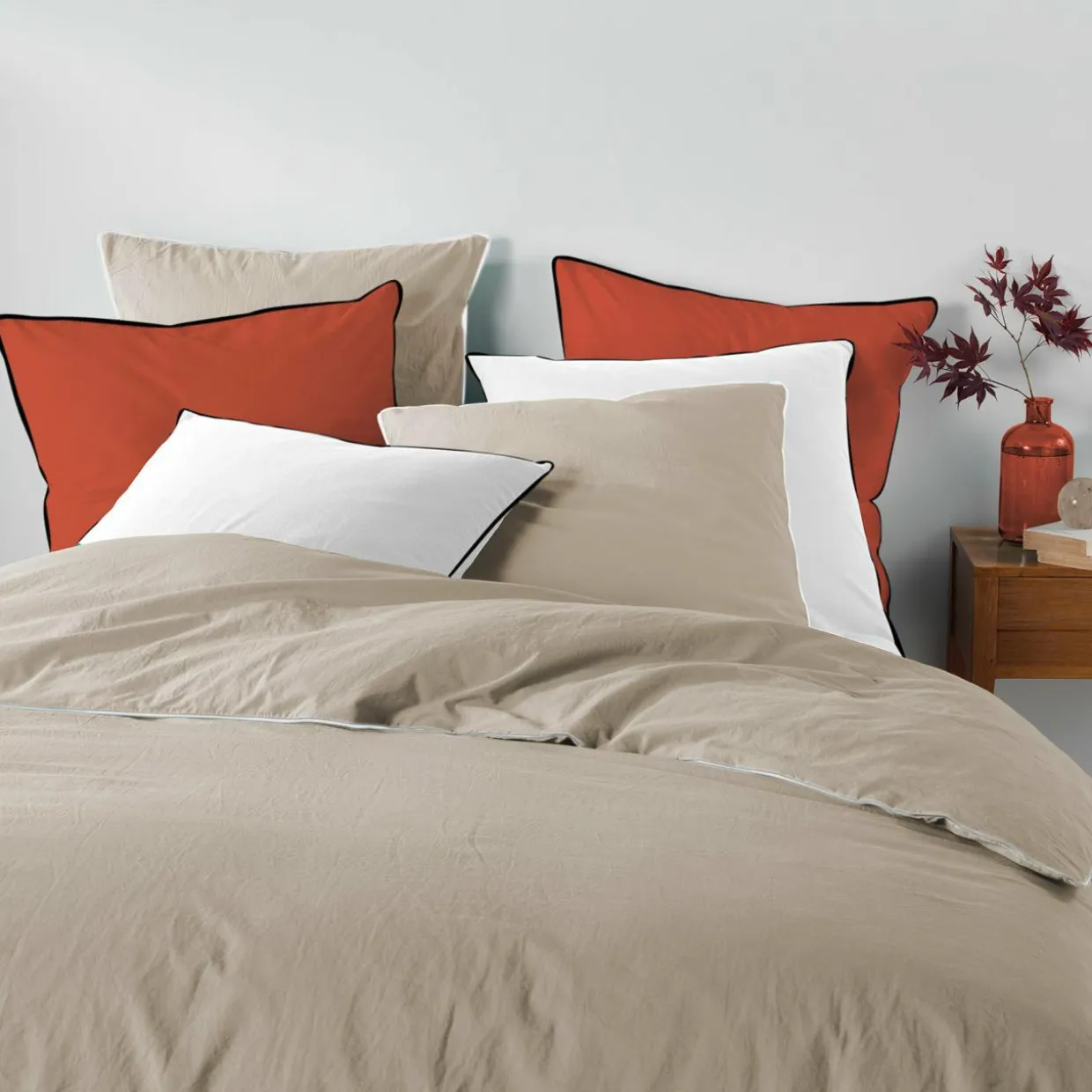 Housse de couette et deux taies coton lavé (240 x 220 cm) Linette Beige