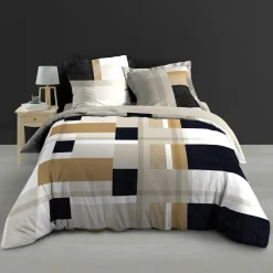 Housse de couette et deux taies percale de coton (240 x 220 cm) Ulysse Multicolore