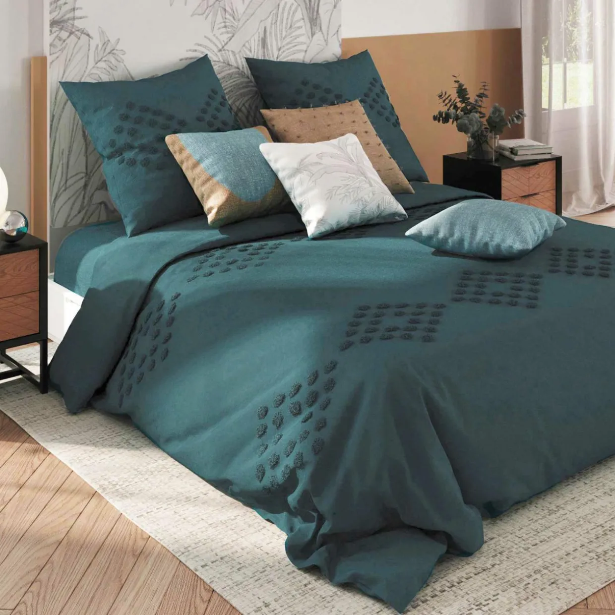 Housse de couette et deux taies coton lavé (260 x 240 cm) Moura Bleu canard