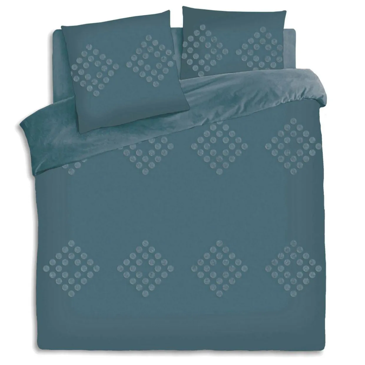 Housse de couette et deux taies coton lavé (260 x 240 cm) Moura Bleu canard