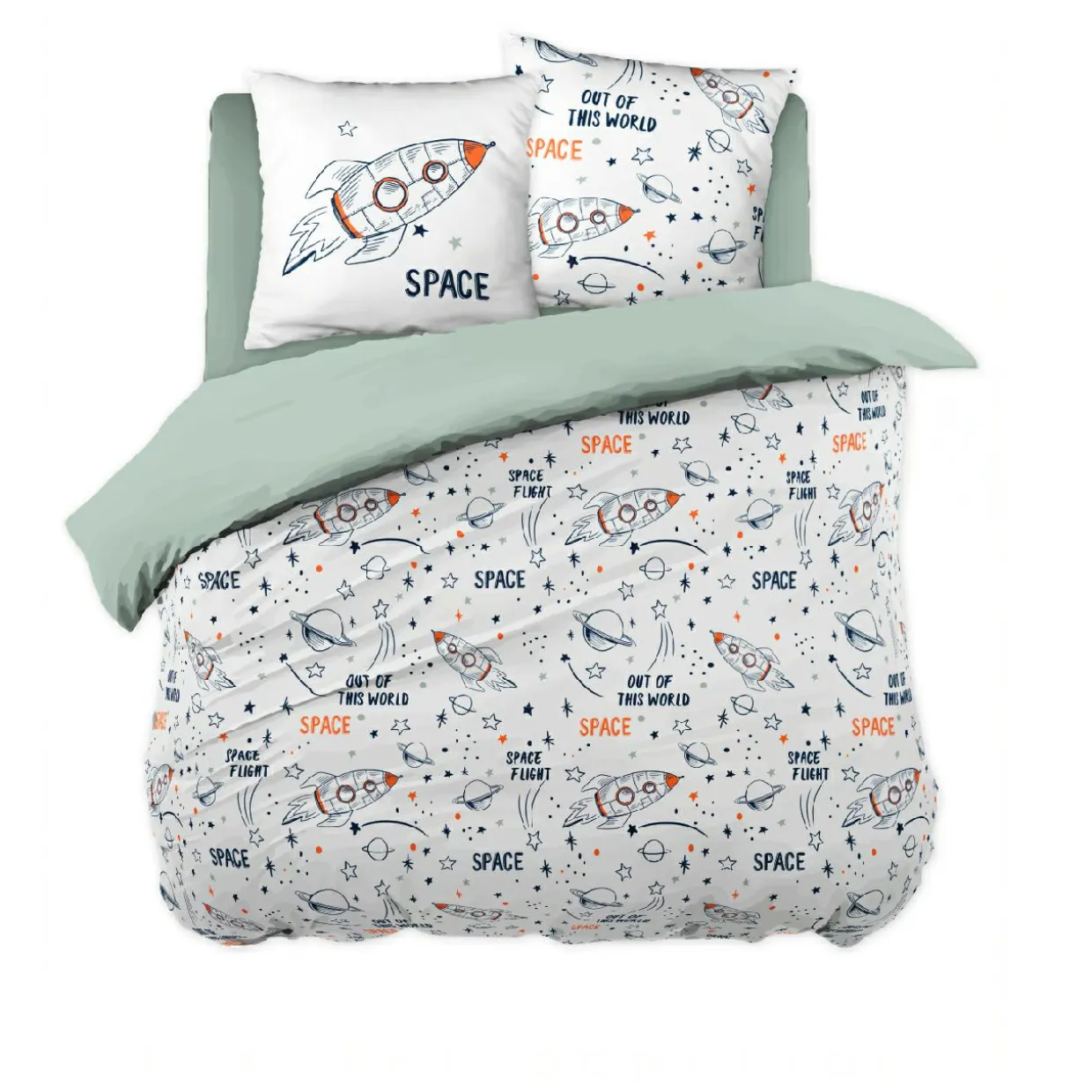 Housse de couette et deux taies enfant coton (240 x 220 cm) Galaxie Blanche