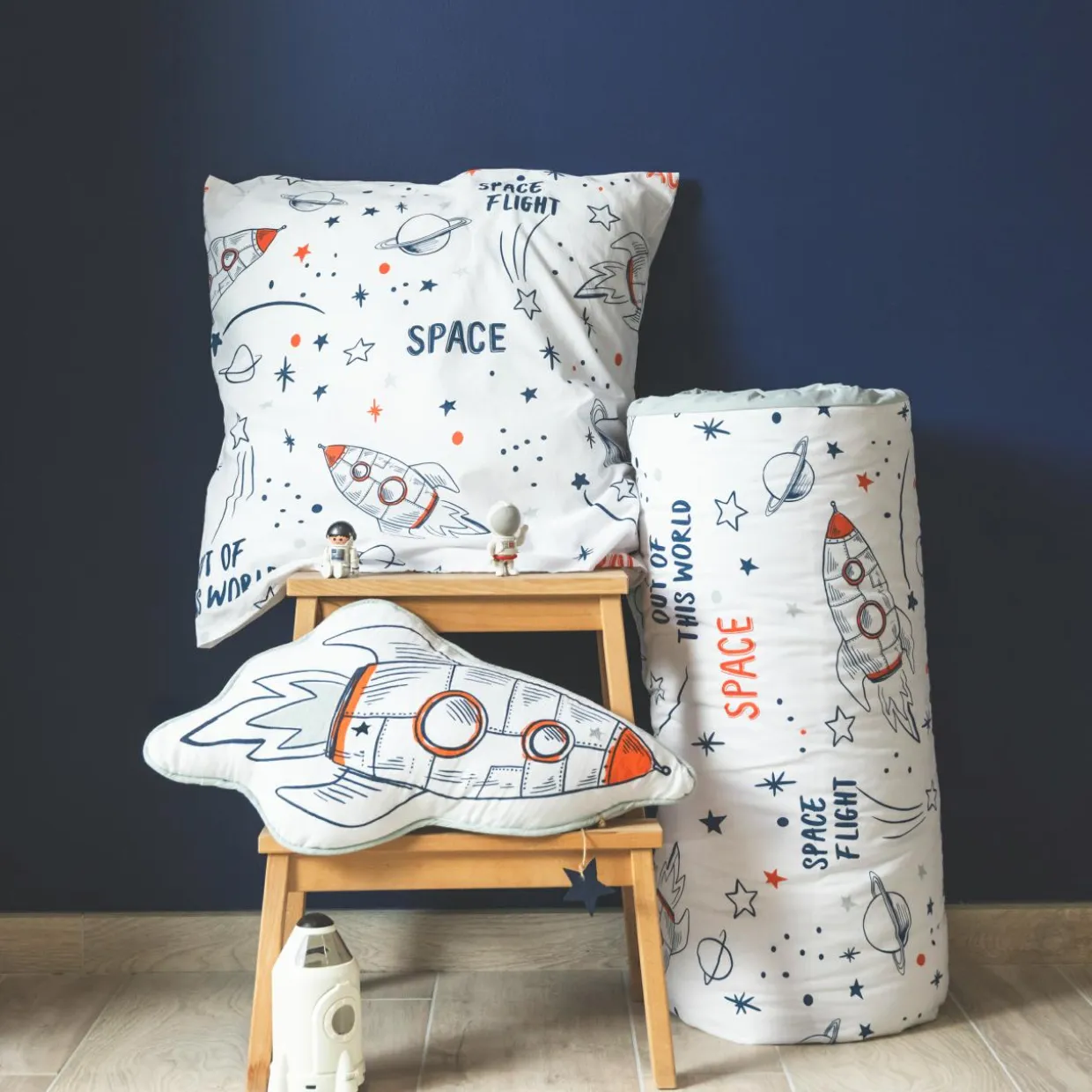 Housse de couette et deux taies enfant coton (240 x 220 cm) Galaxie Blanche