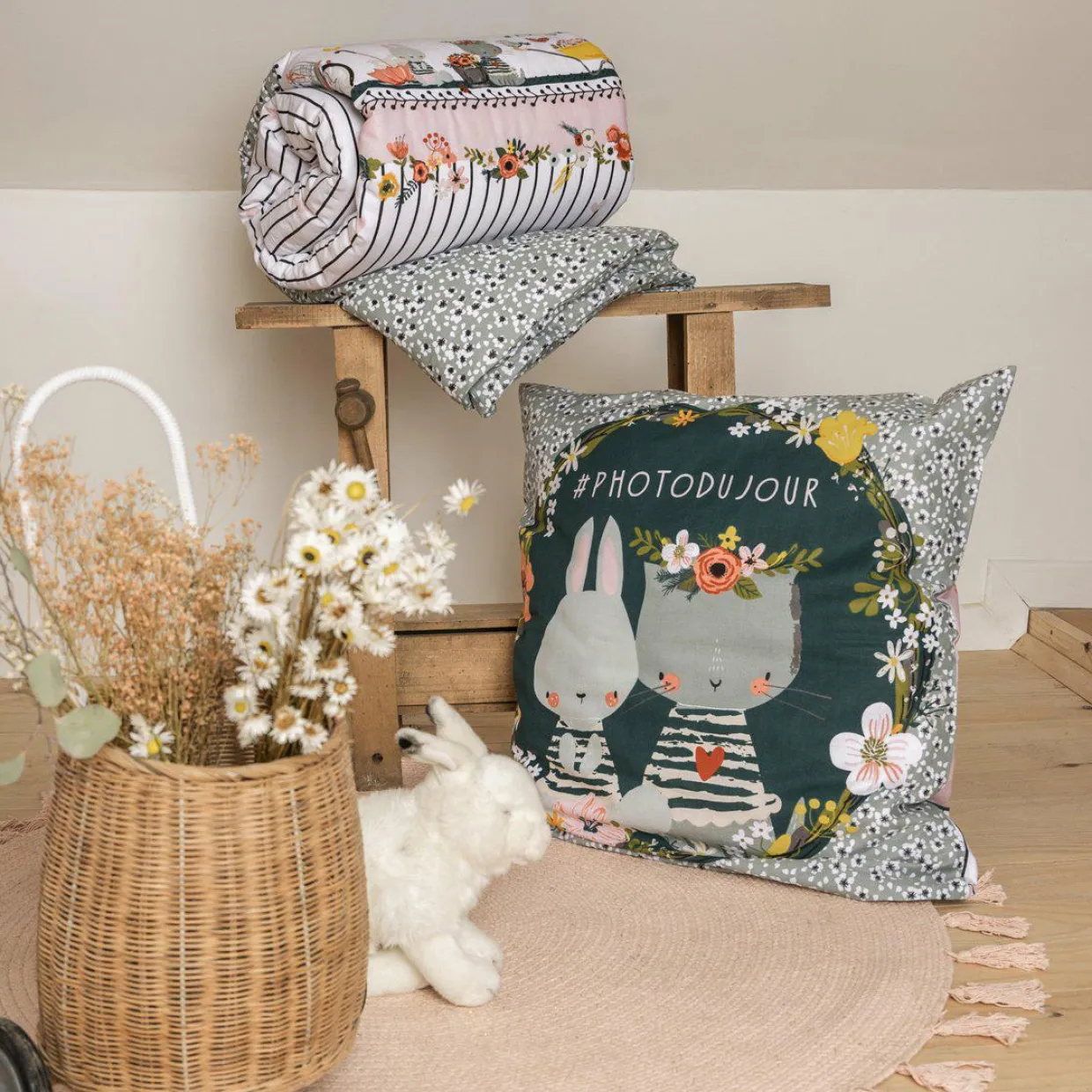 Housse de couette et deux taies enfant coton (240 x 220 cm) Jardinage Multicolore