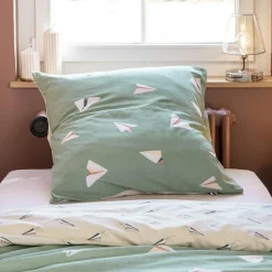 Housse de couette et deux taies enfant coton (200 x 200 cm) Petits papiers Verte
