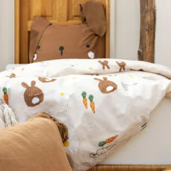 Housse de couette et deux taies enfant coton (200 x 200 cm) Pompon Marron