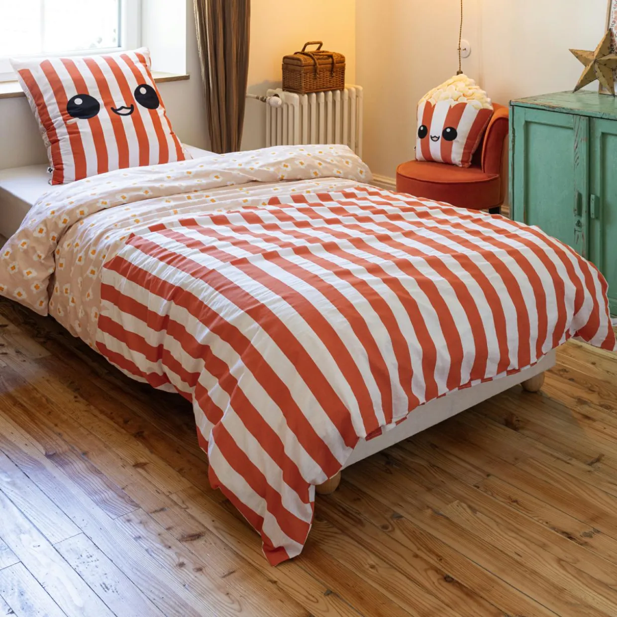 Housse de couette et une taie enfant coton (140 x 200 cm) Fresh popcorn Rouge