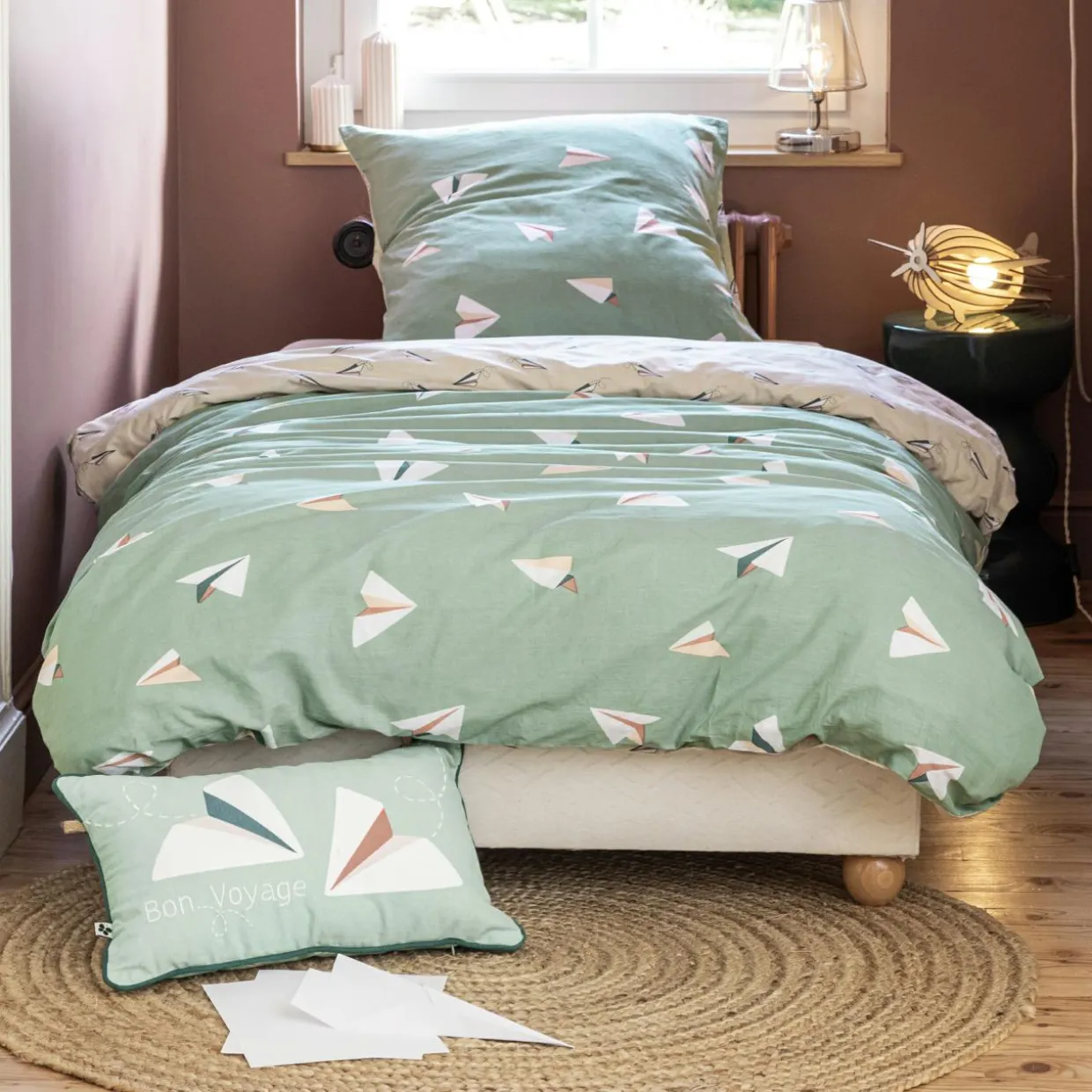 Housse de couette et une taie enfant coton (140 x 200 cm) Petits papiers Bleue
