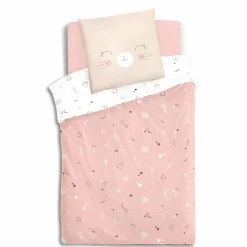Housse de couette et une taie enfant coton (140 x 200 cm) Chat Rose