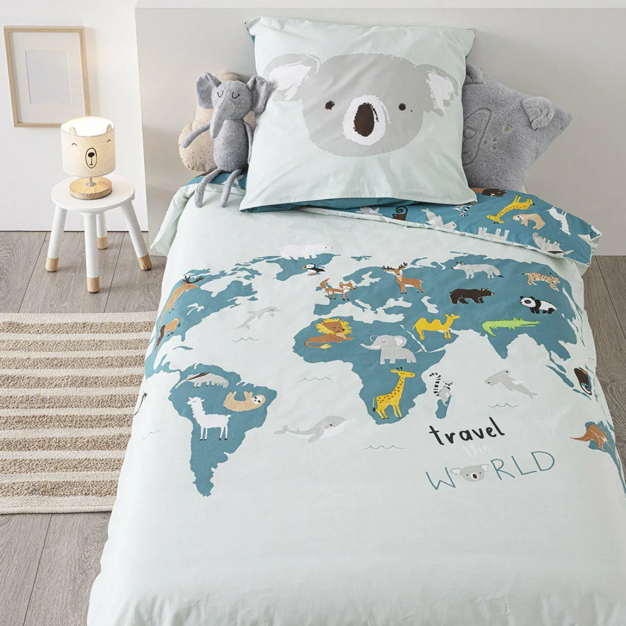 Housse de couette et une taie enfant coton (140 x 200 cm) Carte du Monde Bleue