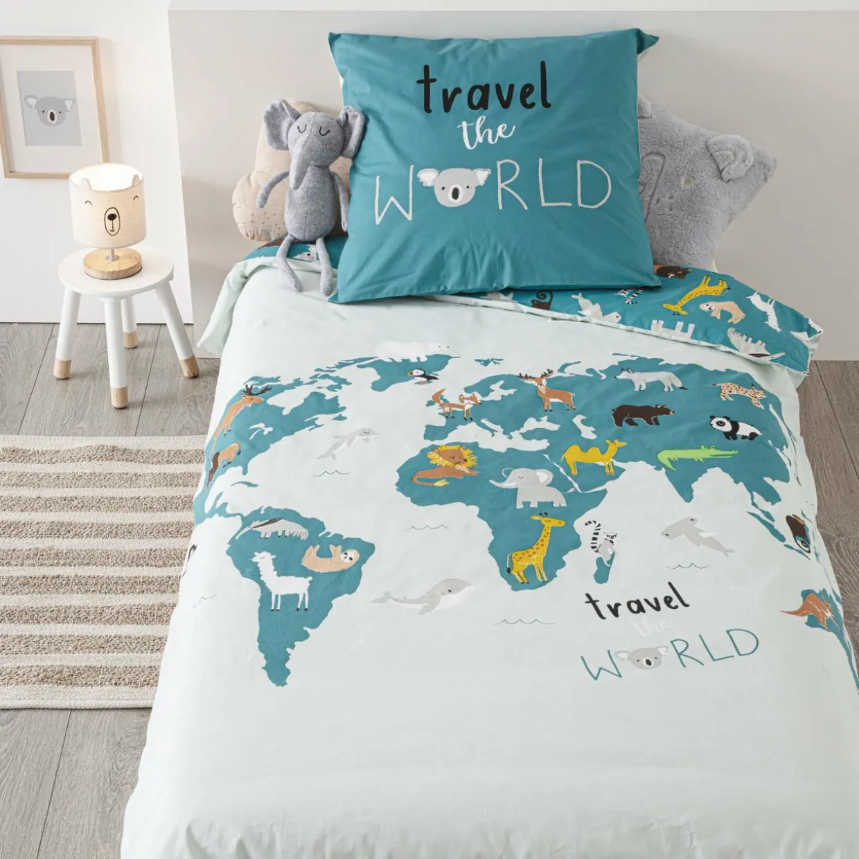 Housse de couette et une taie enfant coton (140 x 200 cm) Carte du Monde Bleue