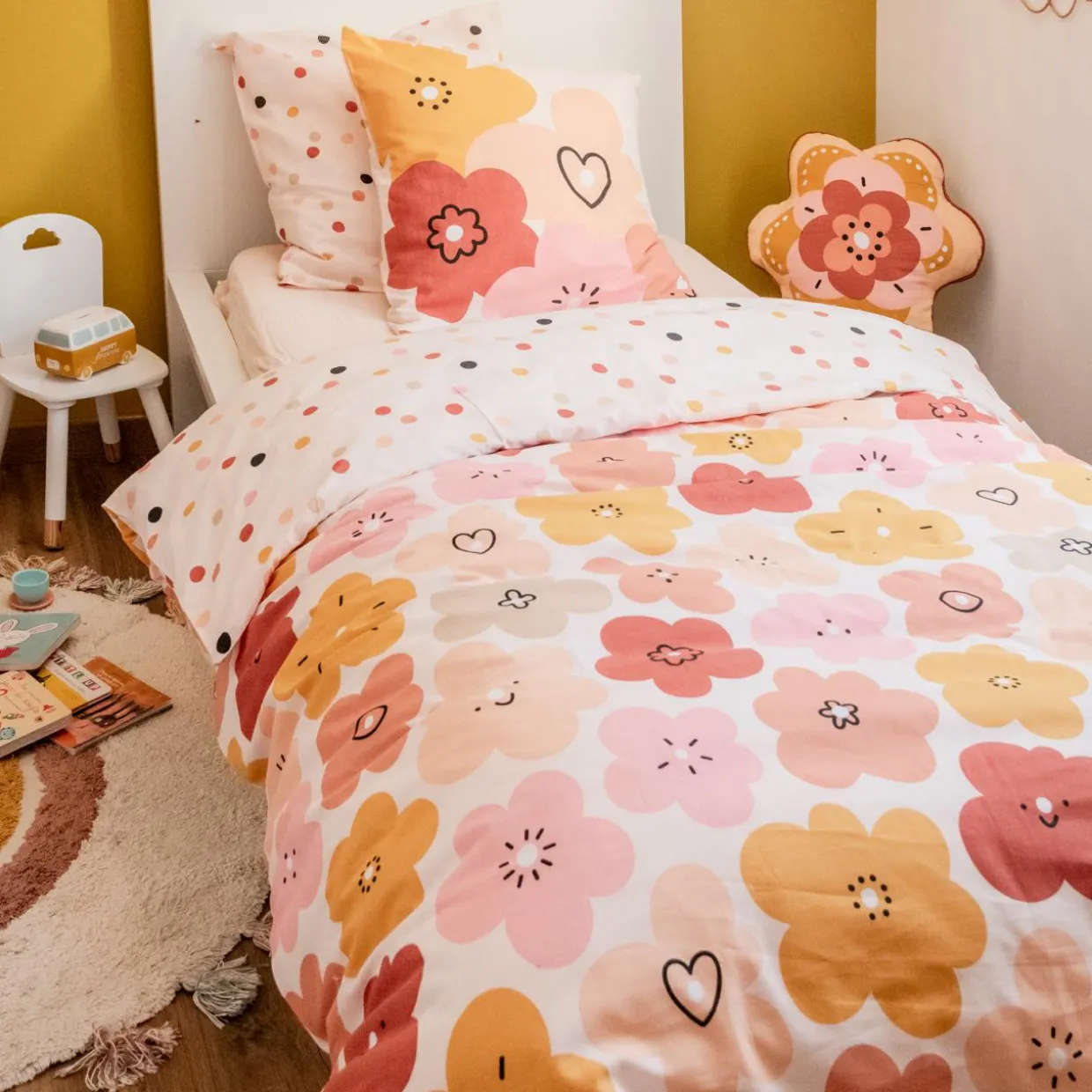 Housse de couette et une taie enfant coton (140 x 200 cm) Barbotine Multicolore