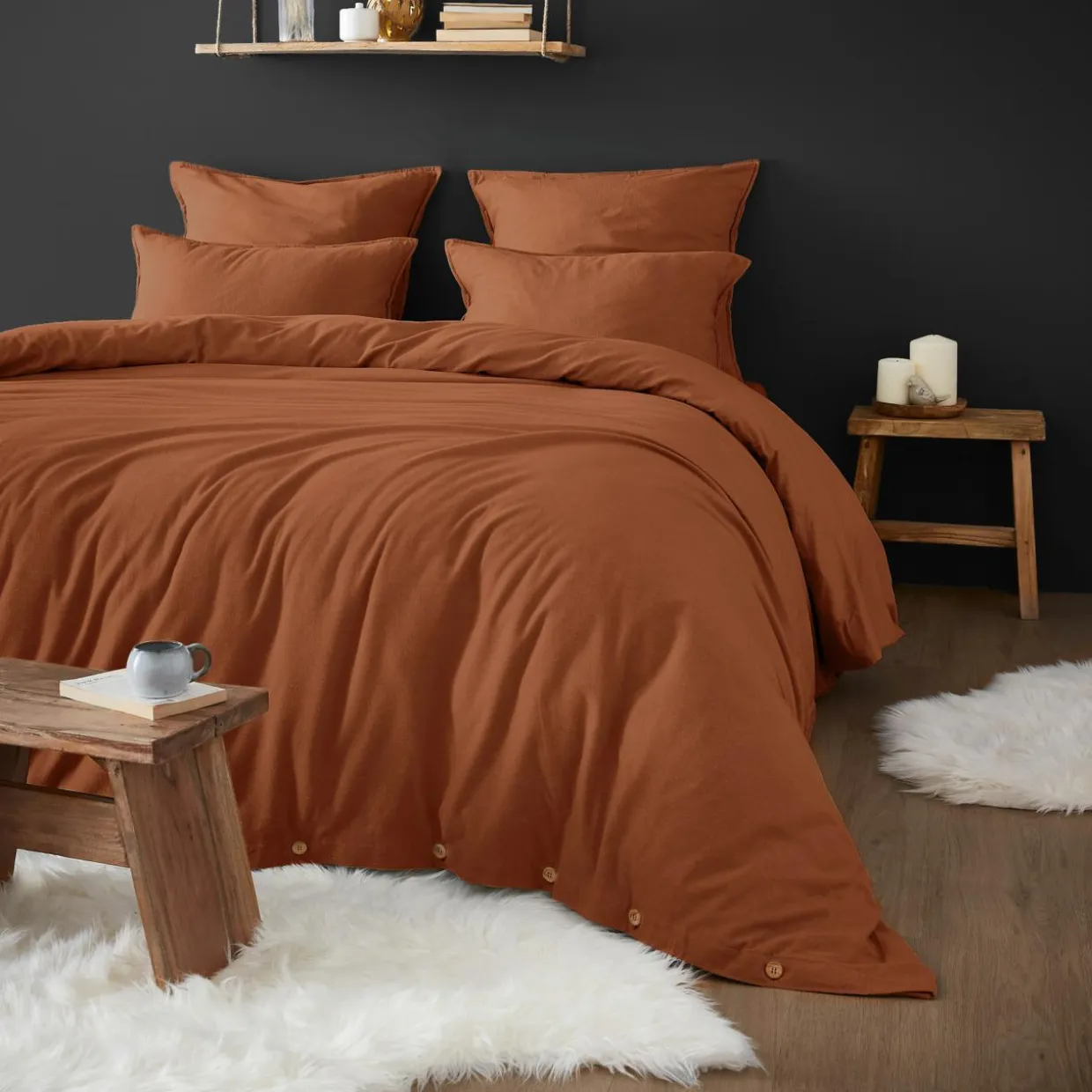 Housse de couette flanelle de coton (240 x 220 cm) Théa Terracotta