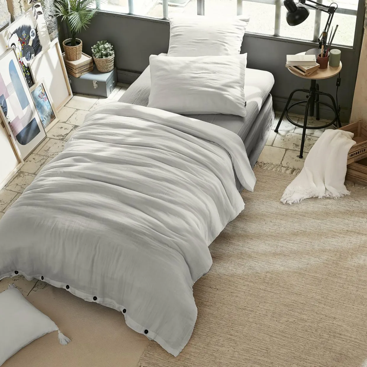 Housse de couette gaze de coton (140 x 200 cm) Gaïa Gris nuage