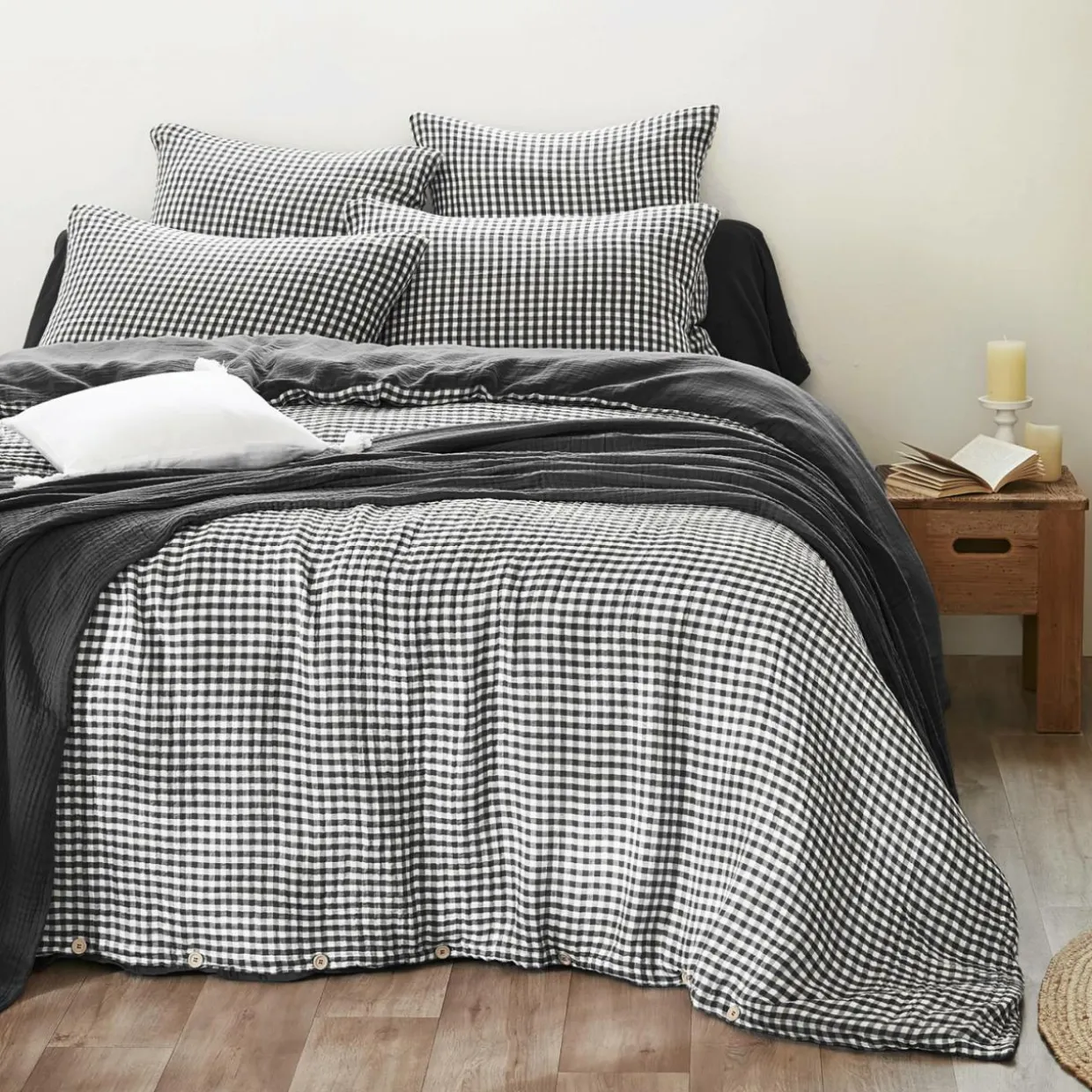 Housse de couette gaze de coton (240 x 220 cm) Gaïa vichy Noir
